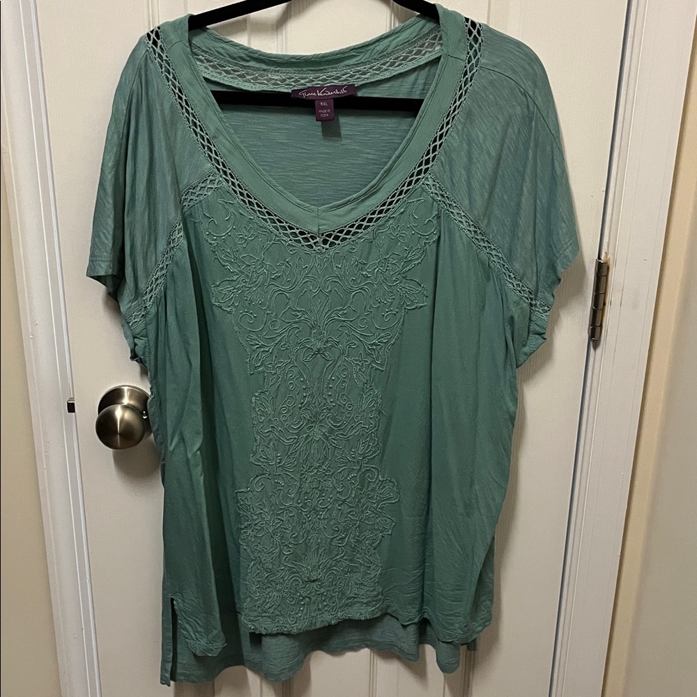 Gloria Vanderbilt Teal Lace-Trim Top
